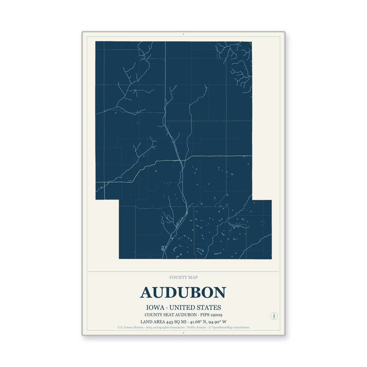 Audubon County, Iowa Map Aluminum Sign in Coastal Cutout style