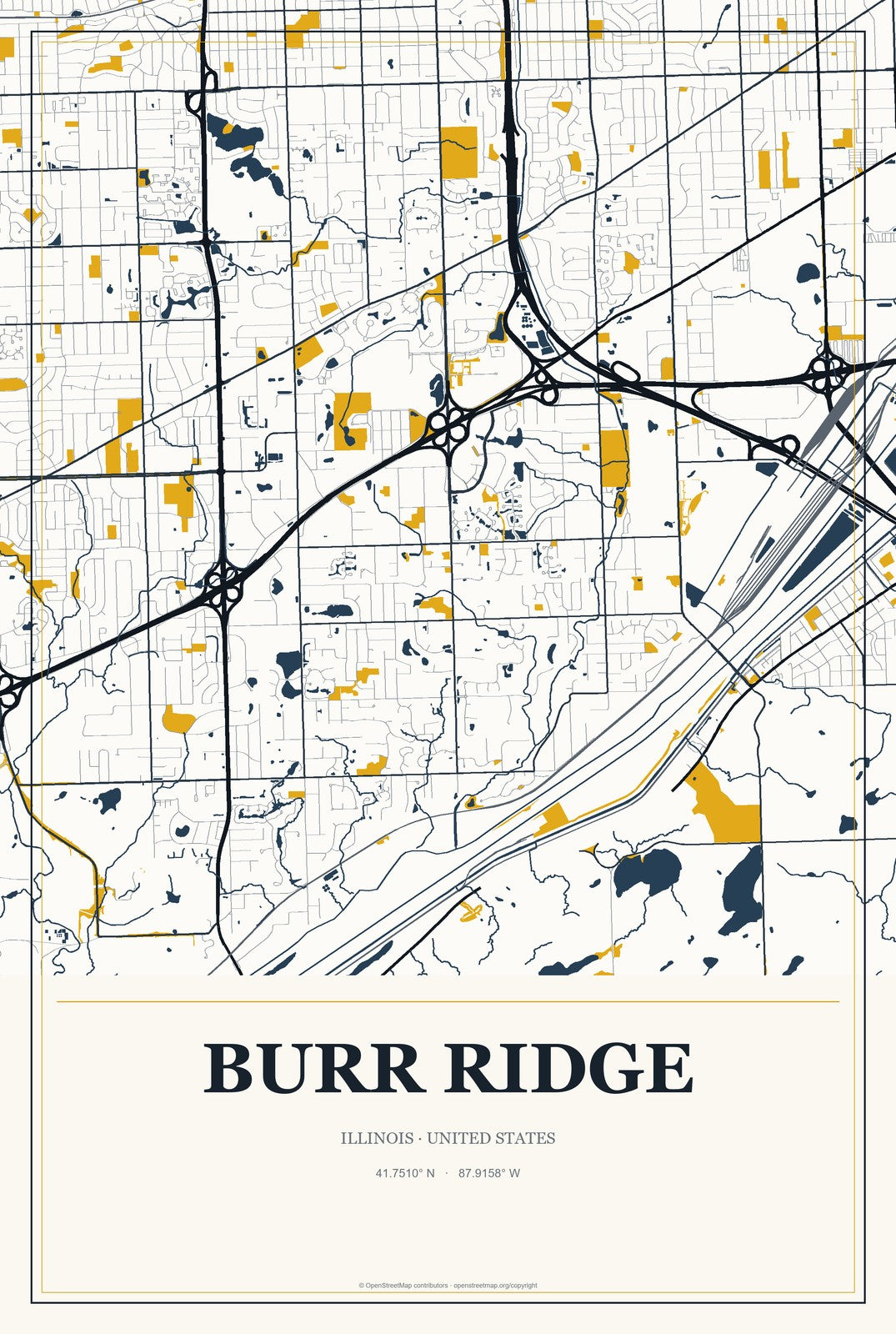 Burr Ridge, Illinois City Map Aluminum Sign in Citrine Modern style
