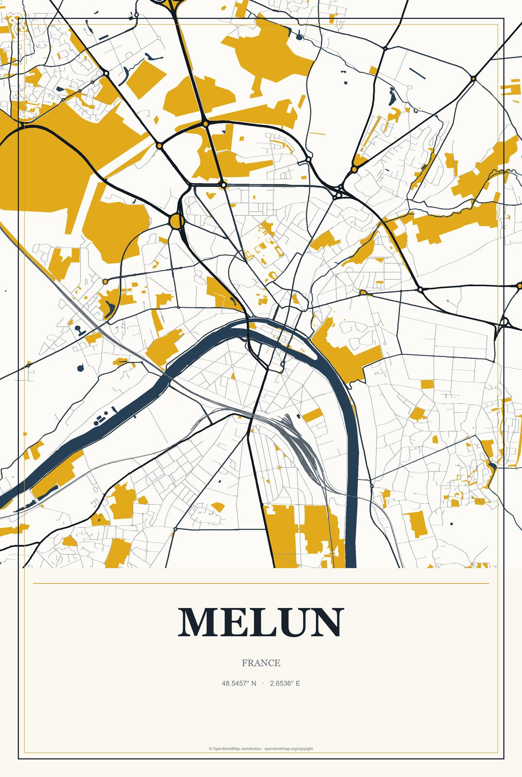 Melun, France City Map Aluminum Sign in Citrine Modern style