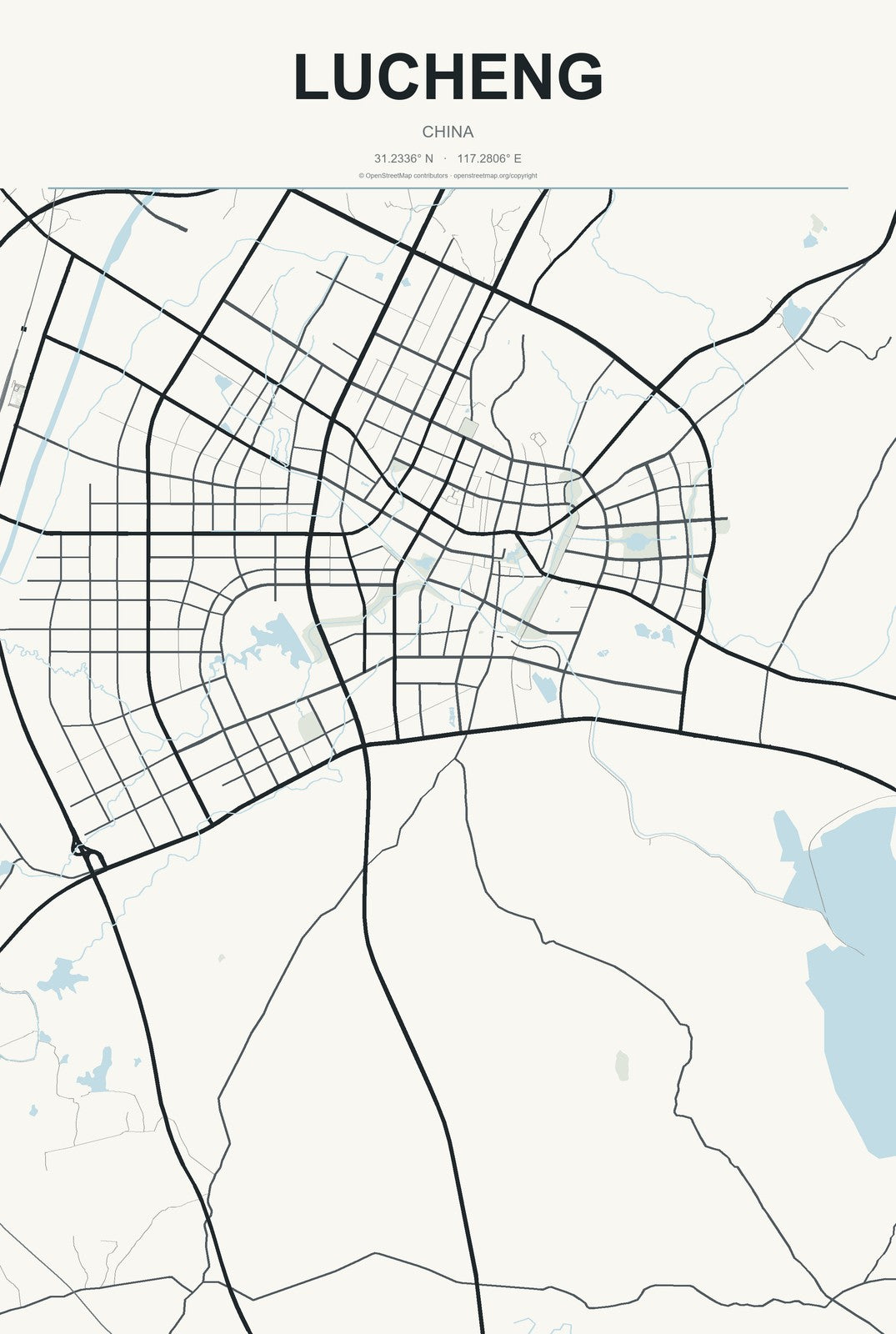 Lucheng, China City Map Aluminum Sign in Headline Atlas style