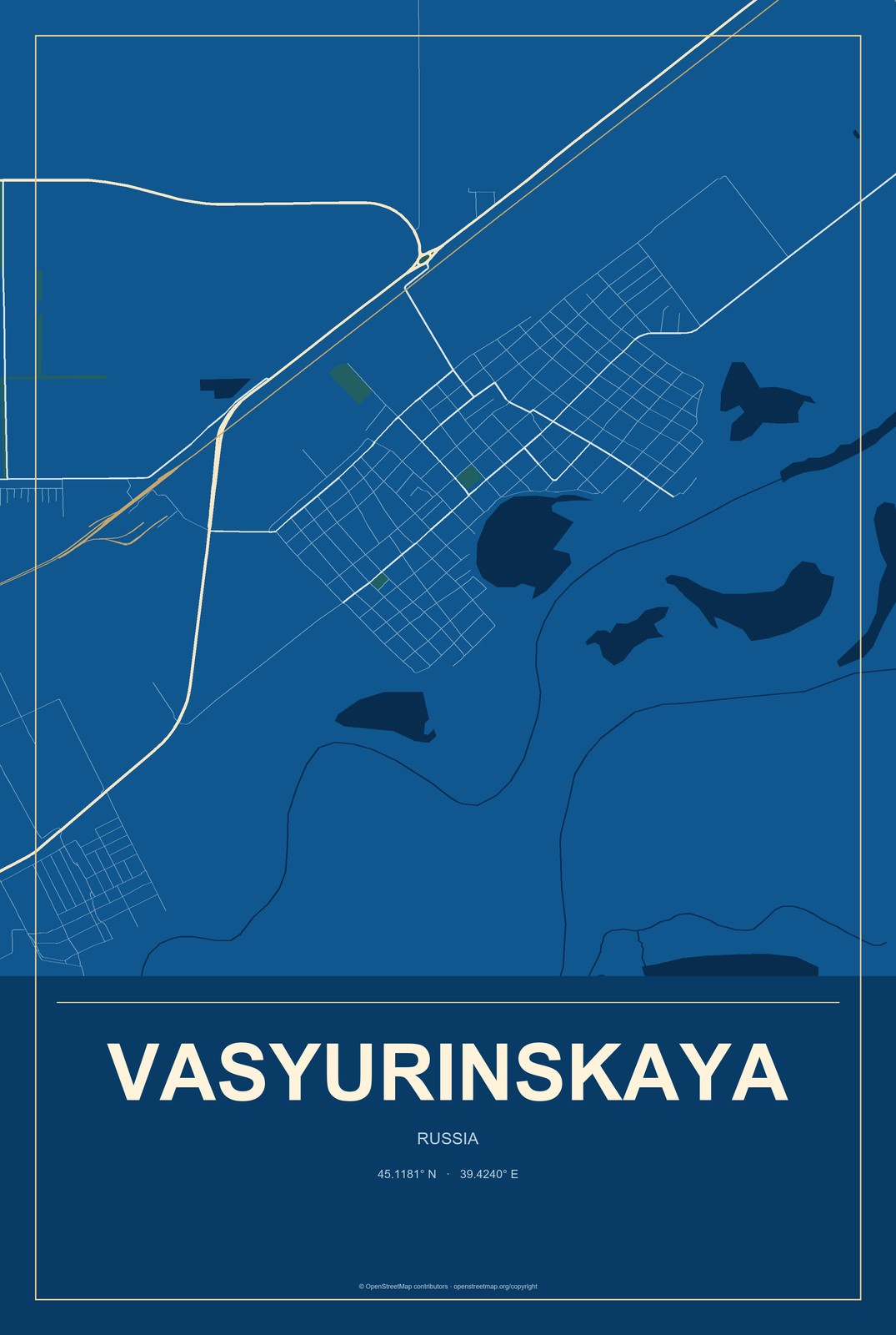 Vasyurinskaya, Russia City Map Aluminum Sign in Harbor Cobalt style