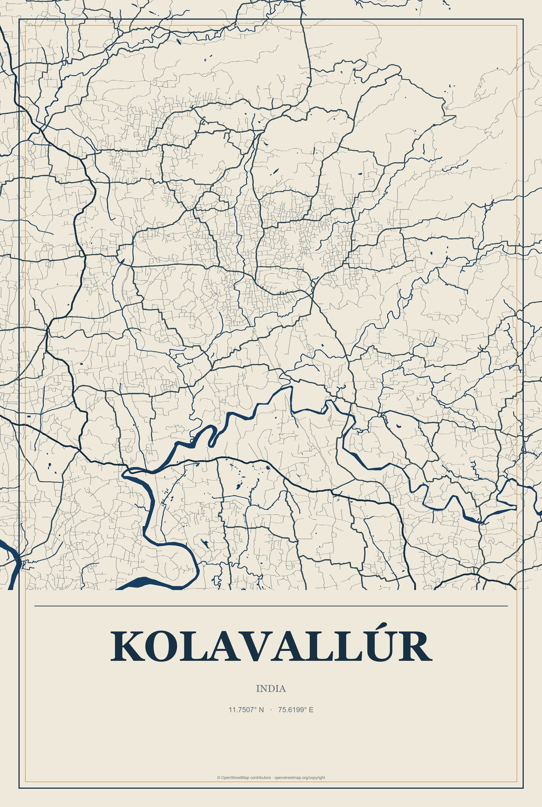 Kolavallúr, India City Map Aluminum Sign in Coastal Cutout style
