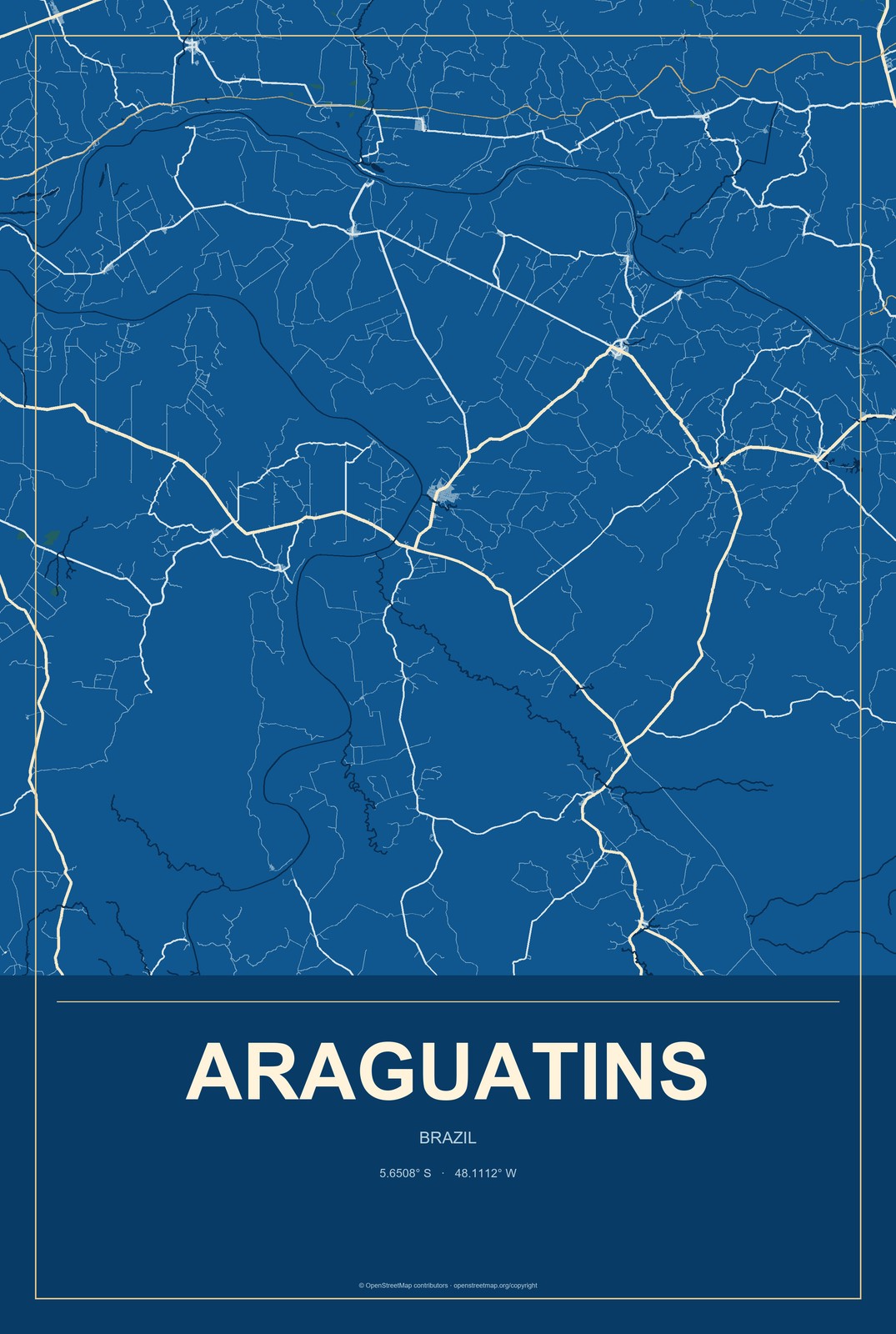 Araguatins, Brazil City Map Aluminum Sign in Harbor Cobalt style