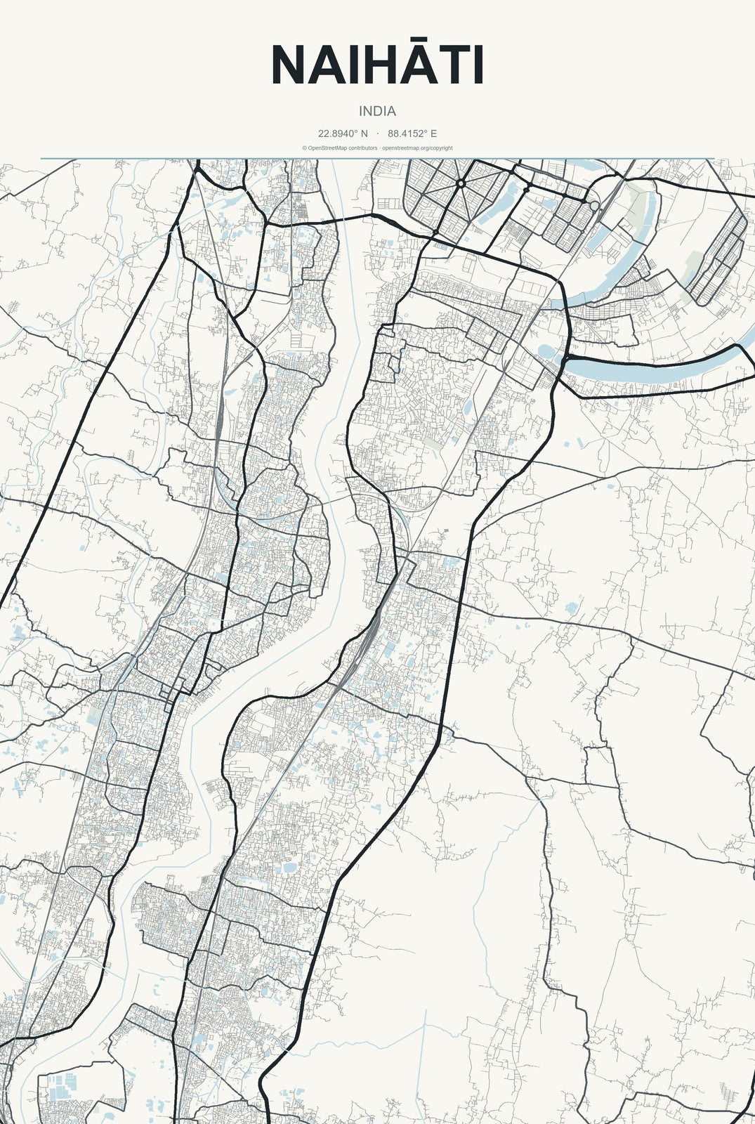 Naihāti, India City Map Aluminum Sign in Headline Atlas style
