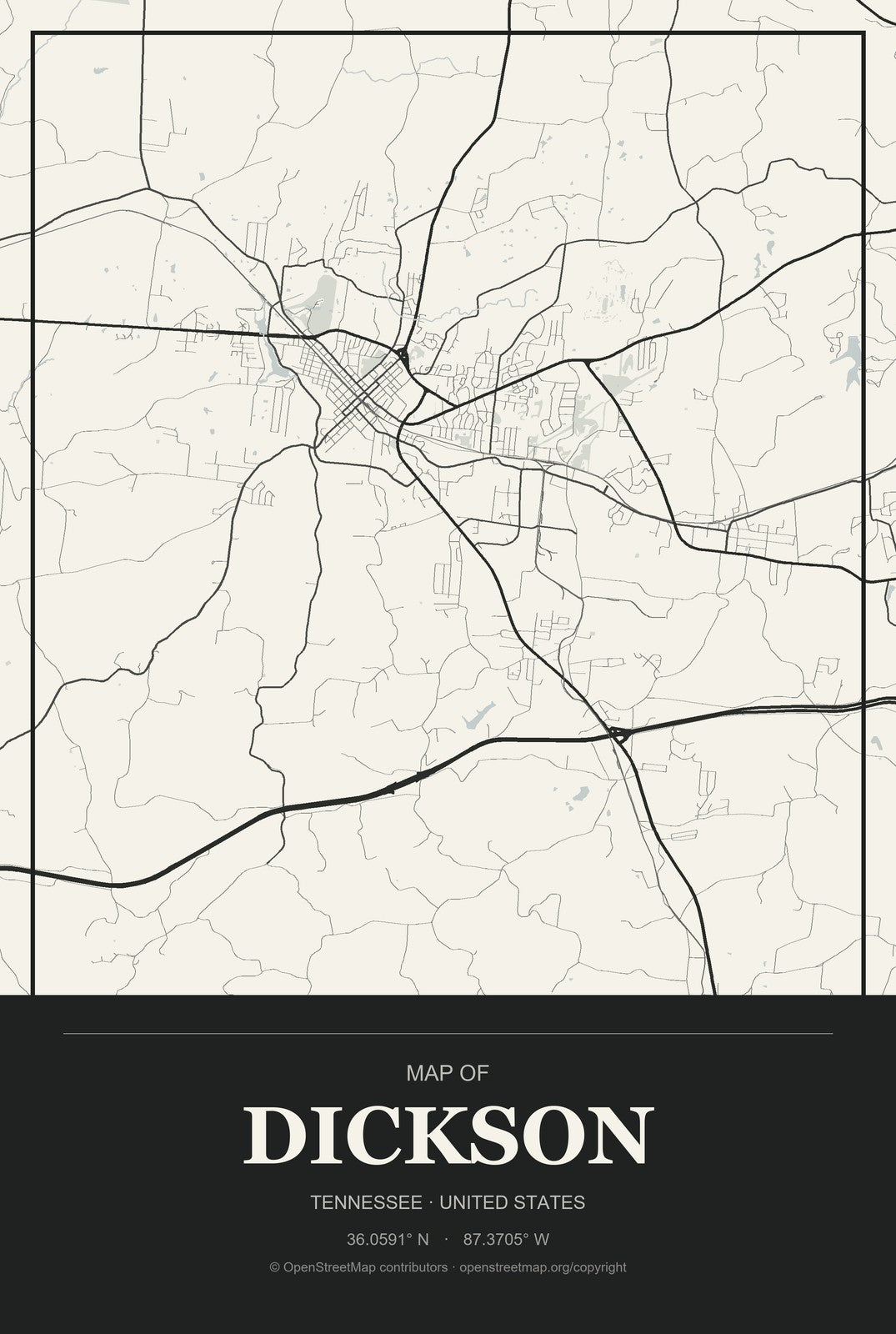 Dickson, Tennessee City Map Aluminum Sign in Museum Plaque style