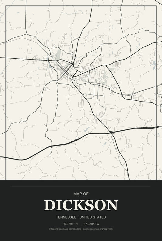 Dickson, Tennessee City Map Aluminum Sign in Museum Plaque style