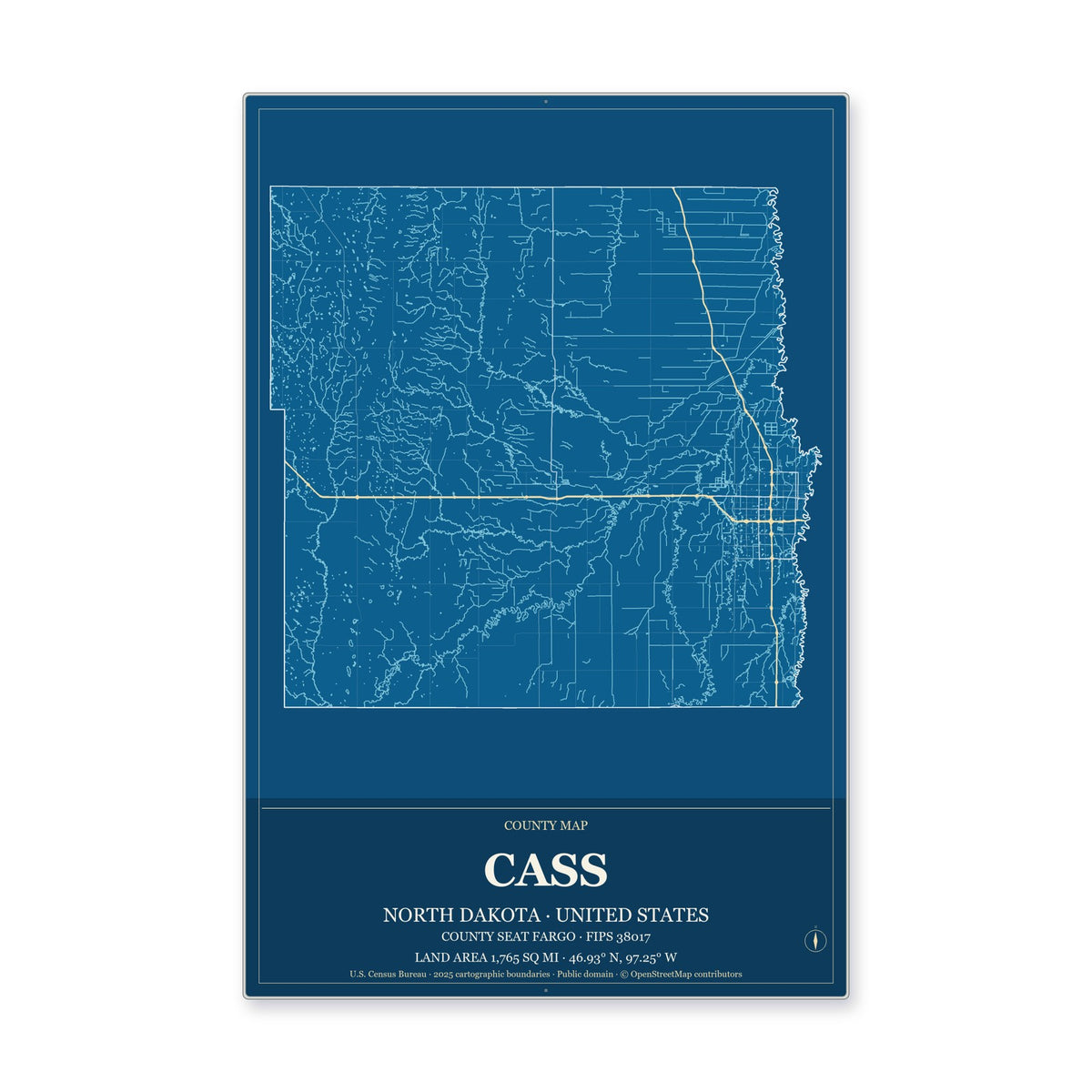 Cass County, North Dakota Map Aluminum Sign in Harbor Cobalt style