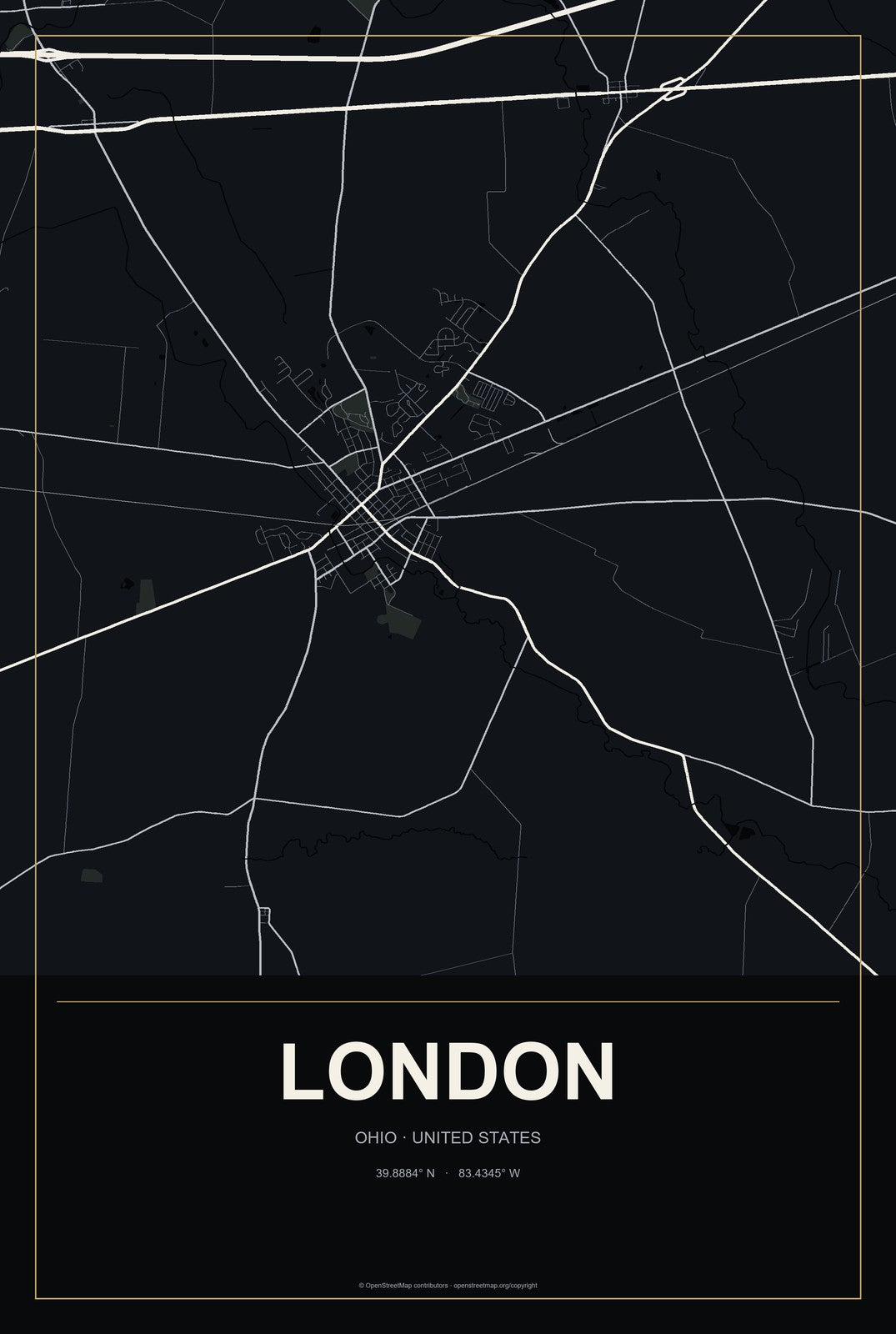 London, Ohio City Map Aluminum Sign in Metropolitan Noir style
