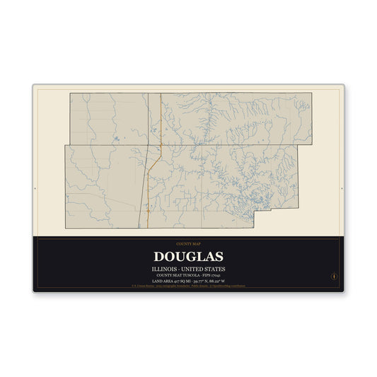 Douglas County, Illinois Map Aluminum Sign in Museum Plaque style