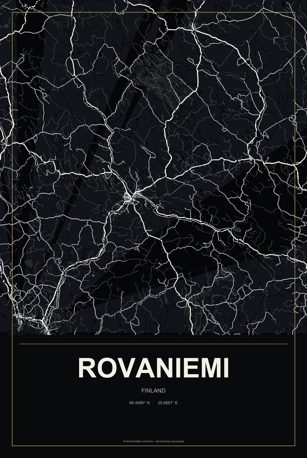 Rovaniemi, Finland City Map Aluminum Sign in Metropolitan Noir style