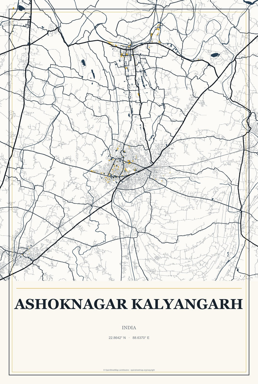 Ashoknagar Kalyangarh, India City Map Aluminum Sign in Citrine Modern style