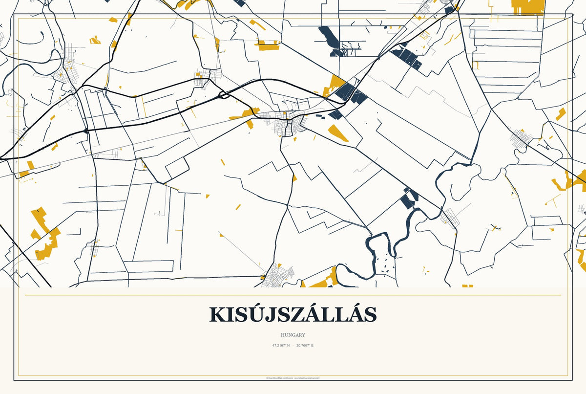 Kisújszállás, Hungary City Map Aluminum Sign in Citrine Modern style