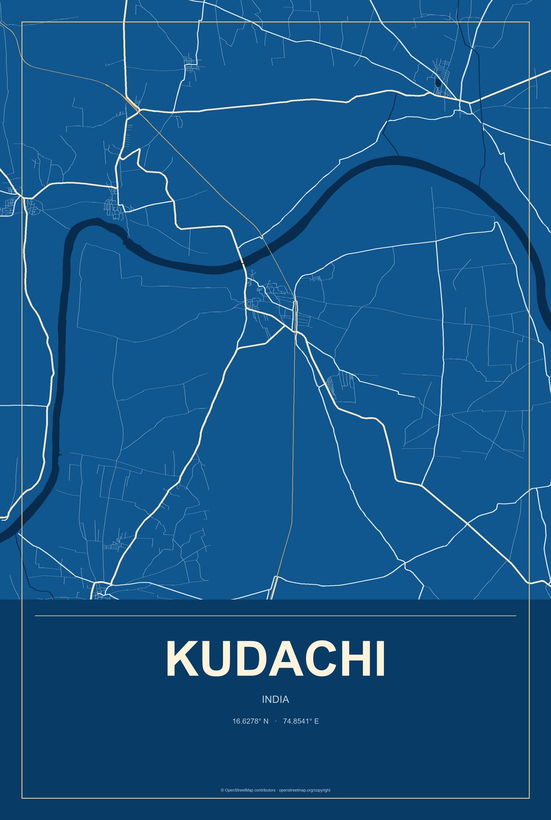 Kudachi, India City Map Aluminum Sign in Harbor Cobalt style