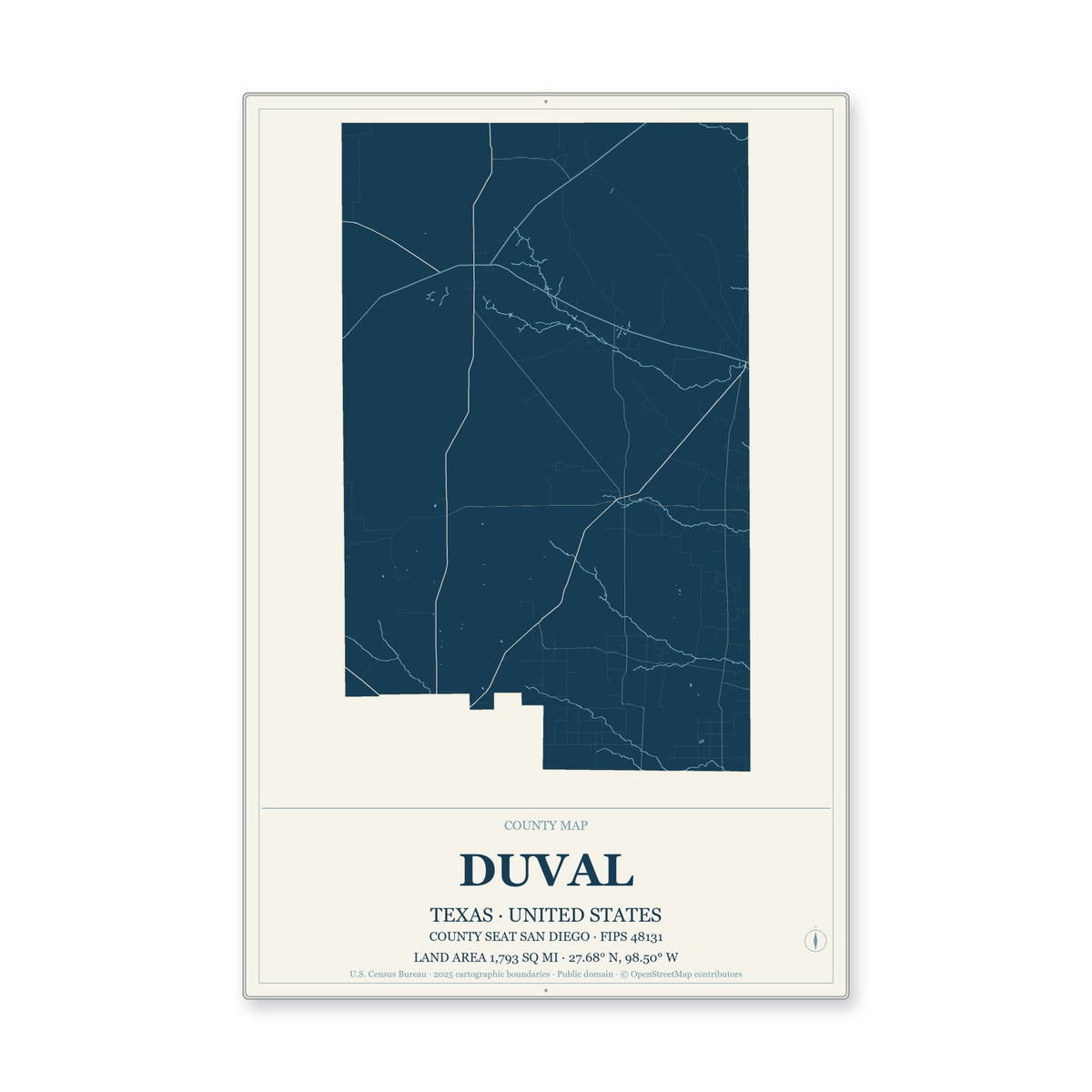Duval County, Texas Map Aluminum Sign in Coastal Cutout style