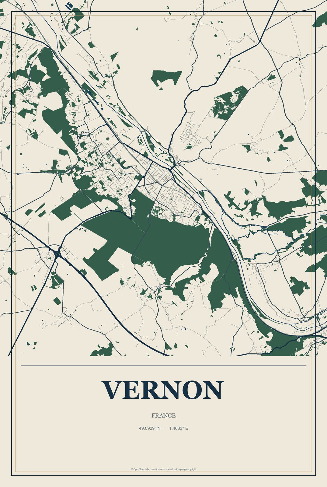 Vernon, France City Map Aluminum Sign in Coastal Cutout style