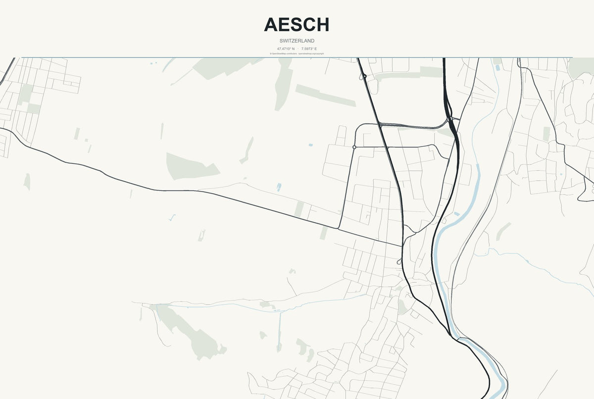 Aesch, Switzerland City Map Aluminum Sign in Headline Atlas style