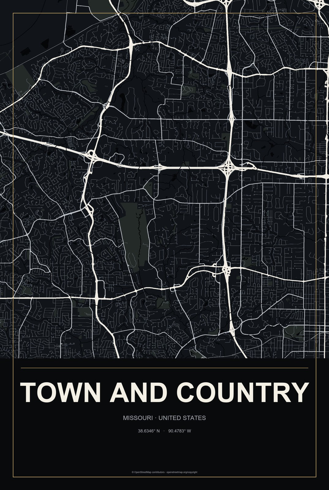 Town and Country, Missouri City Map Aluminum Sign in Metropolitan Noir style