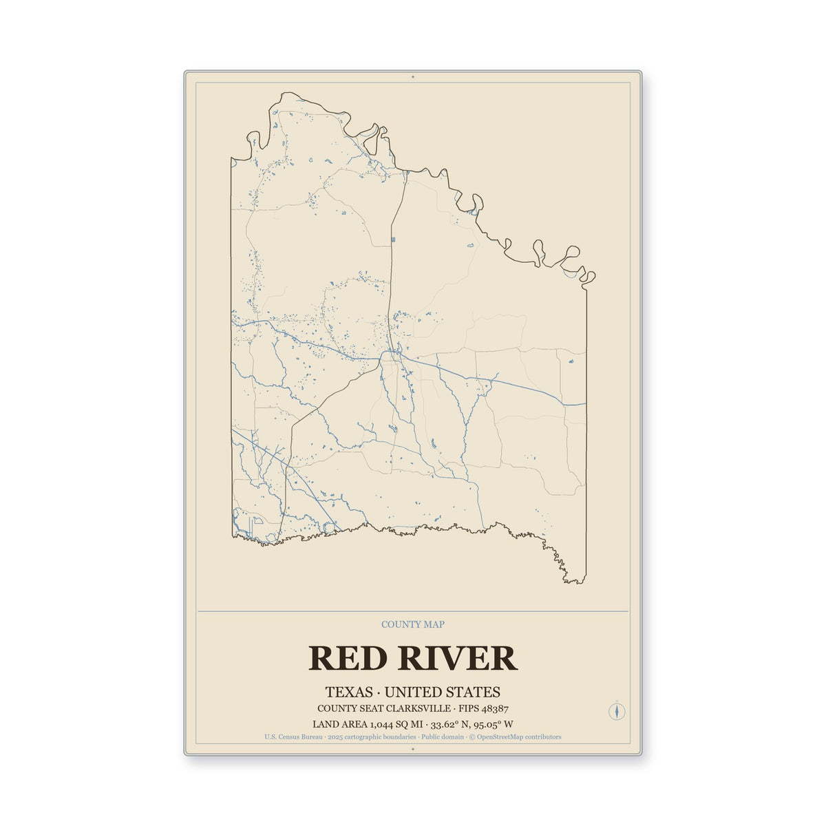 Red River County, Texas Map Aluminum Sign in Heritage Nautical style