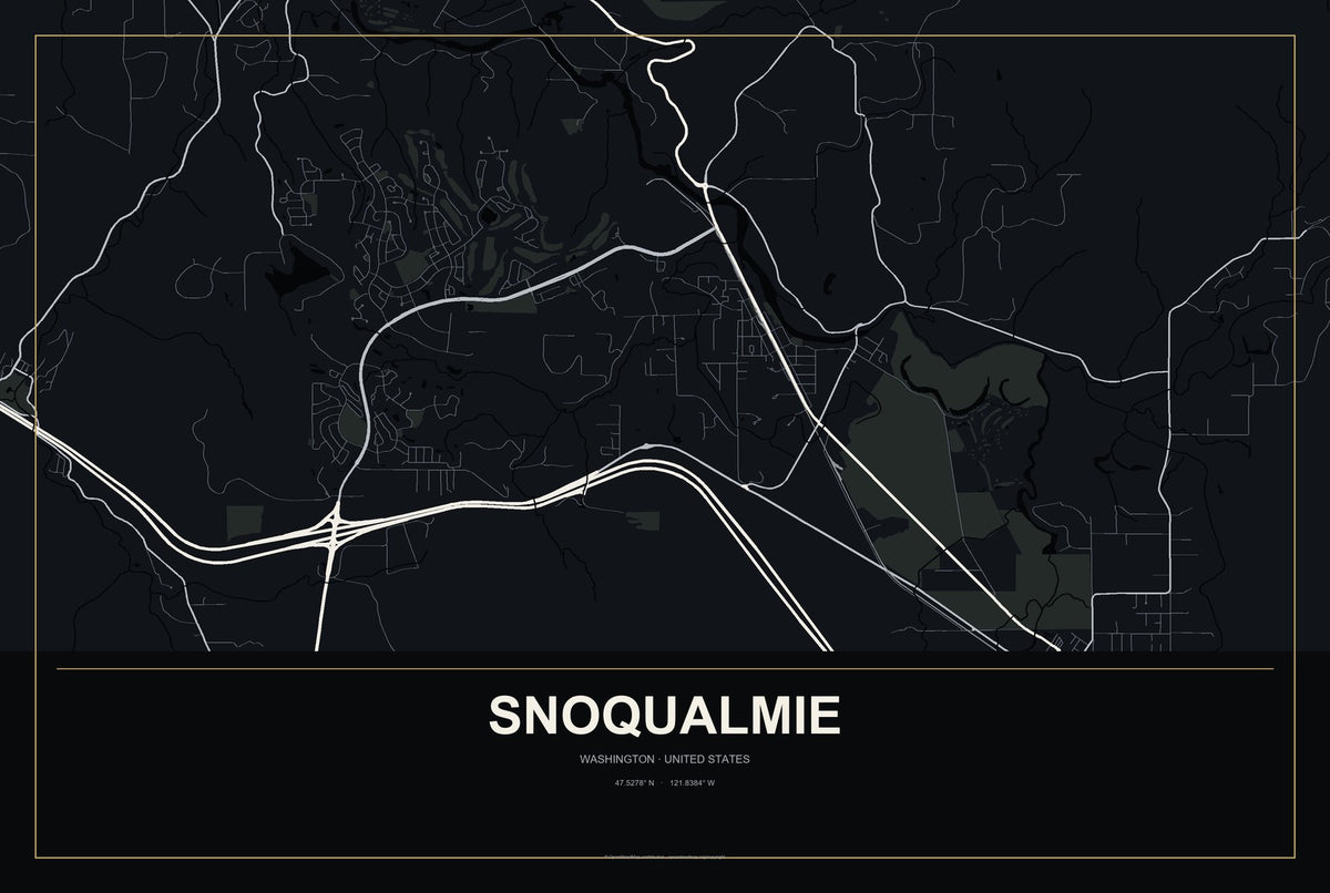 Snoqualmie, Washington City Map Aluminum Sign in Metropolitan Noir style