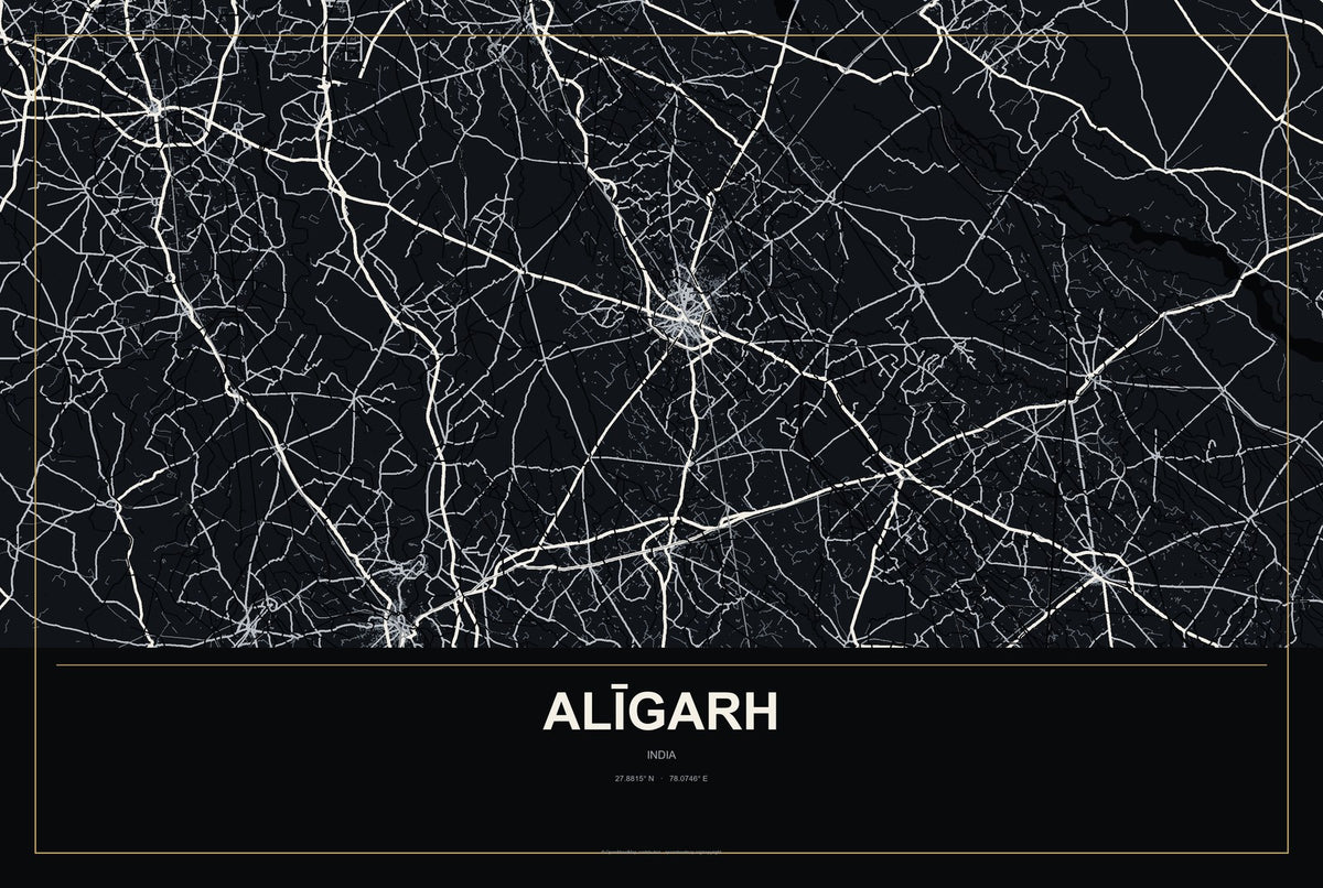 Alīgarh, India City Map Aluminum Sign in Metropolitan Noir style