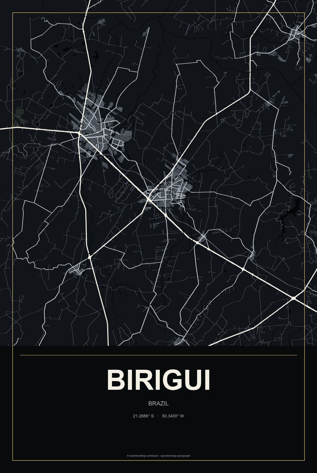Birigui, Brazil City Map Aluminum Sign in Metropolitan Noir style