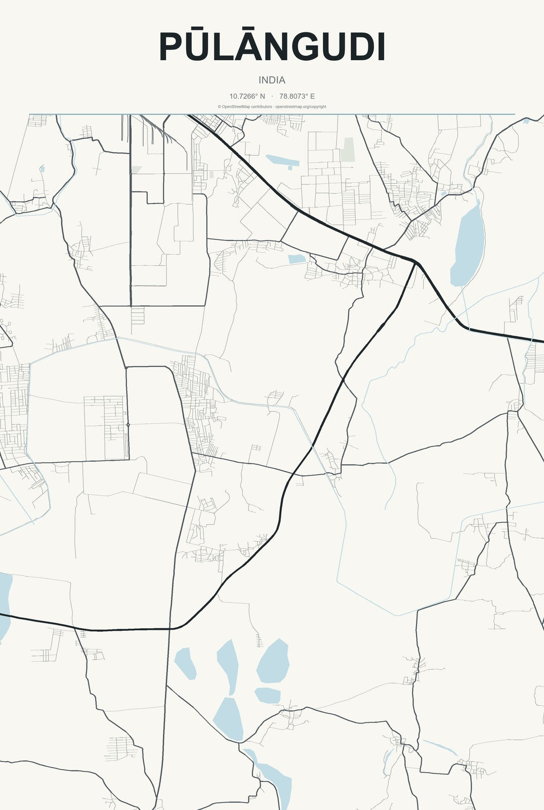 Pūlāngudi, India City Map Aluminum Sign in Headline Atlas style