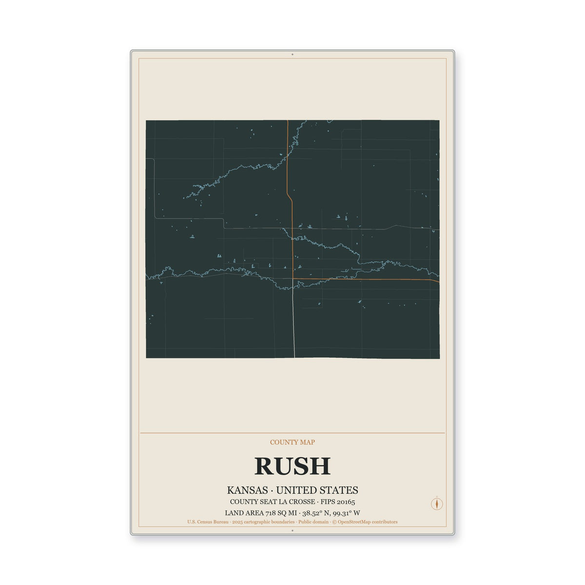 Rush County, Kansas Map Aluminum Sign in Headline Atlas style