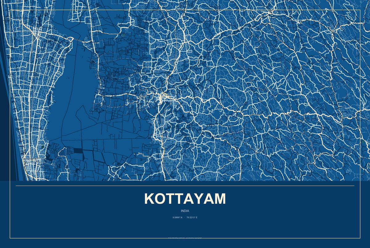 Kottayam, India City Map Aluminum Sign in Harbor Cobalt style