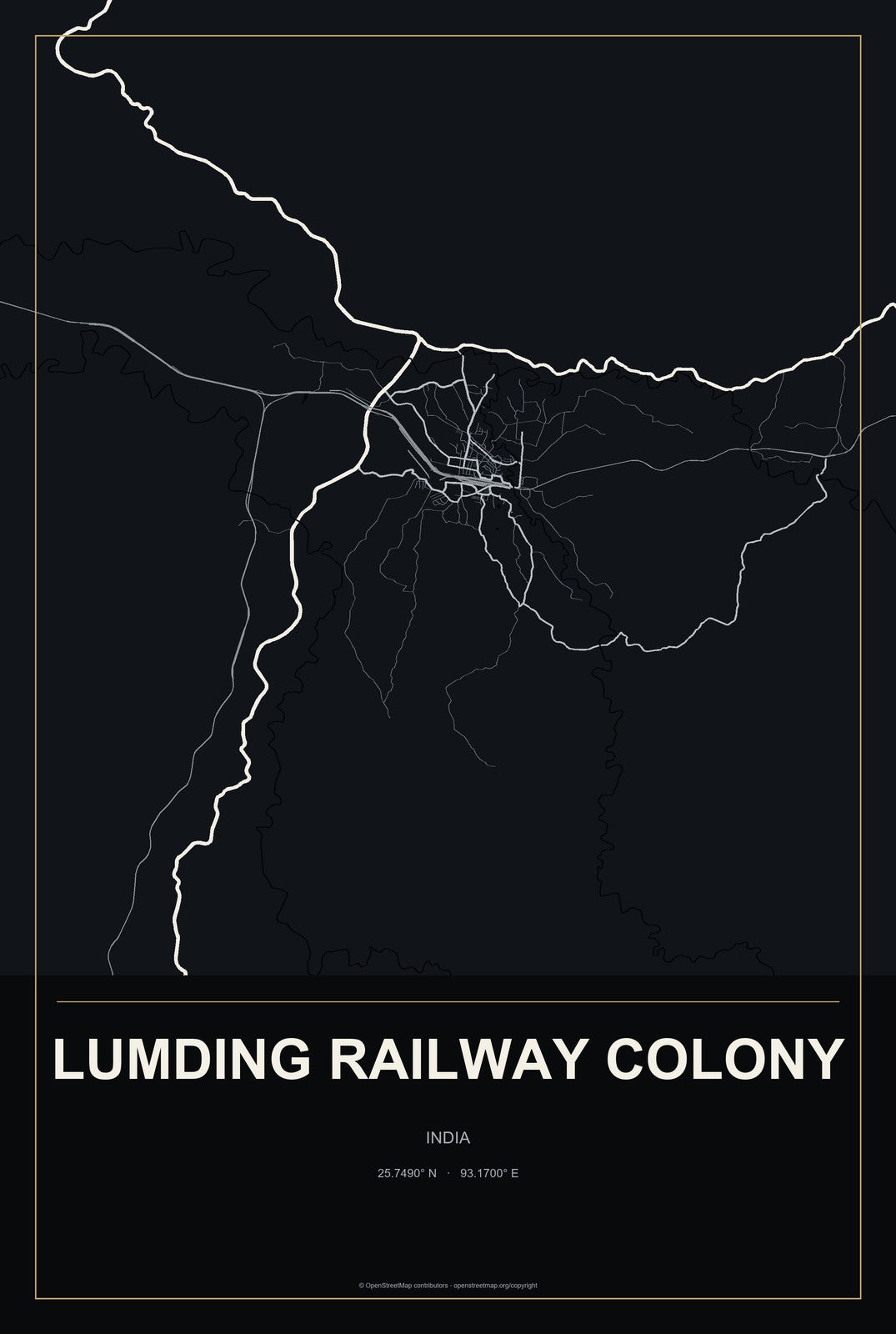 Lumding Railway Colony, India City Map Aluminum Sign in Metropolitan Noir style