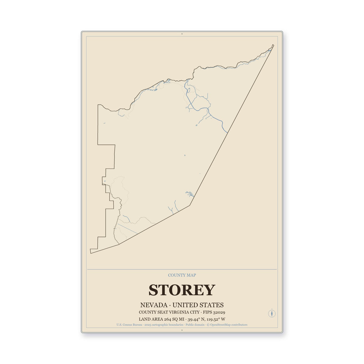 Storey County, Nevada Map Aluminum Sign in Heritage Nautical style
