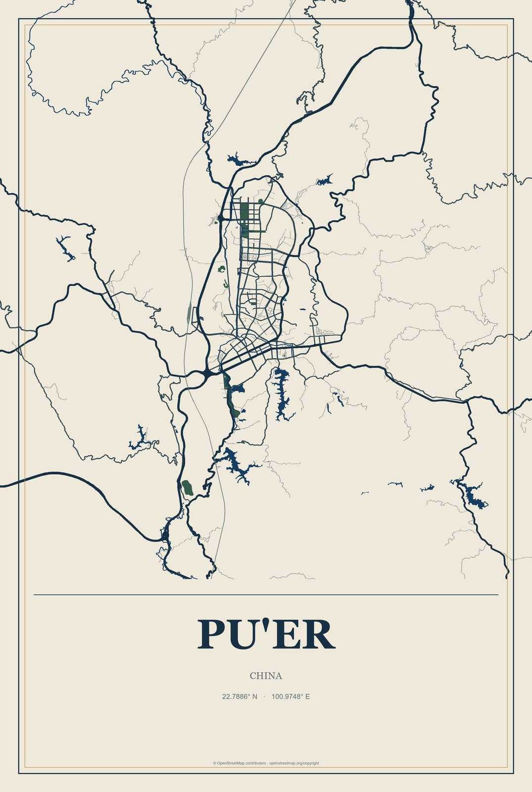 Pu'er, China City Map Aluminum Sign in Coastal Cutout style