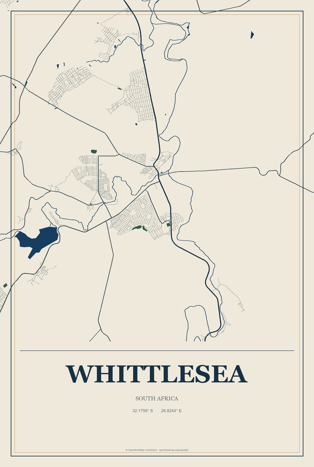 Whittlesea, South Africa City Map Aluminum Sign in Coastal Cutout style