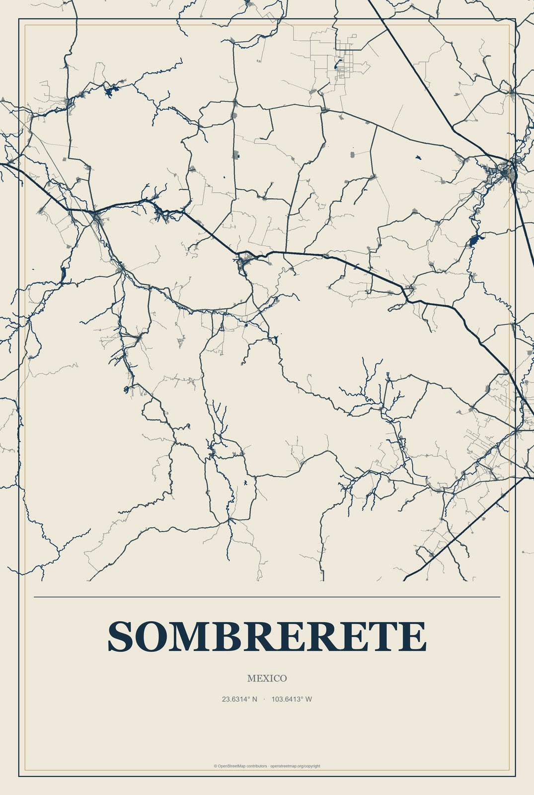 Sombrerete, Mexico City Map Aluminum Sign in Coastal Cutout style