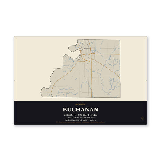 Buchanan County, Missouri Map Aluminum Sign in Museum Plaque style