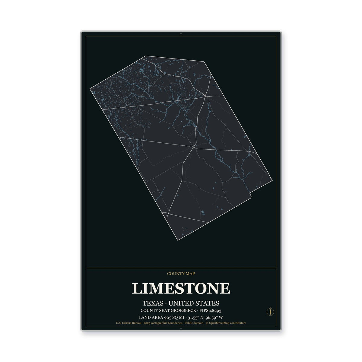 Limestone County, Texas Map Aluminum Sign in Metropolitan Noir style