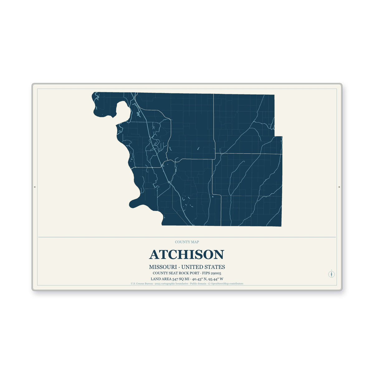 Atchison County, Missouri Map Aluminum Sign in Coastal Cutout style