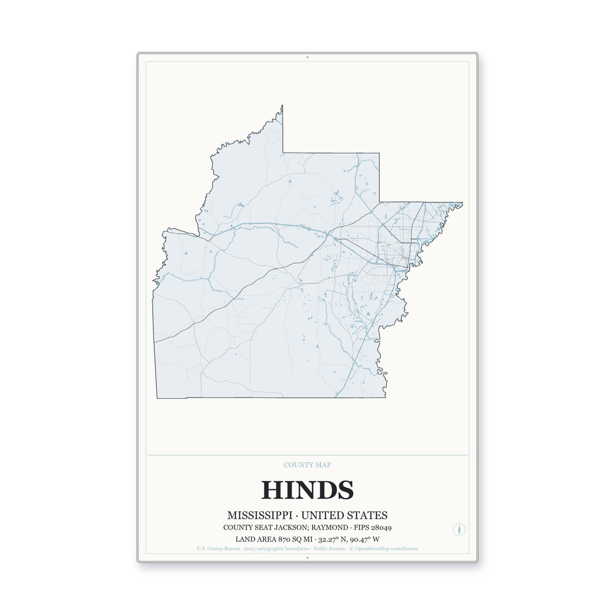 Hinds County, Mississippi Map Aluminum Sign in Gallery Air style