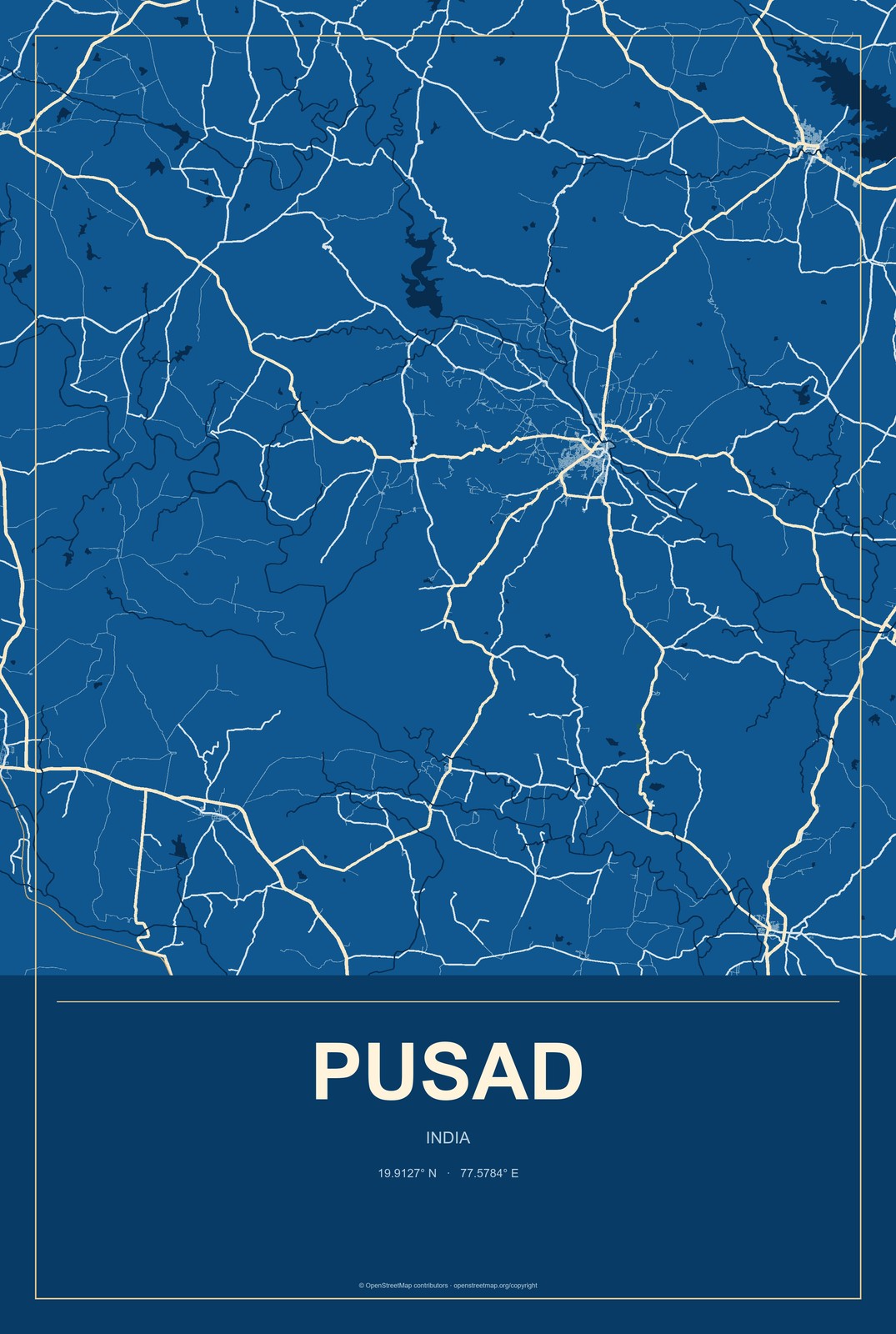 Pusad, India City Map Aluminum Sign in Harbor Cobalt style
