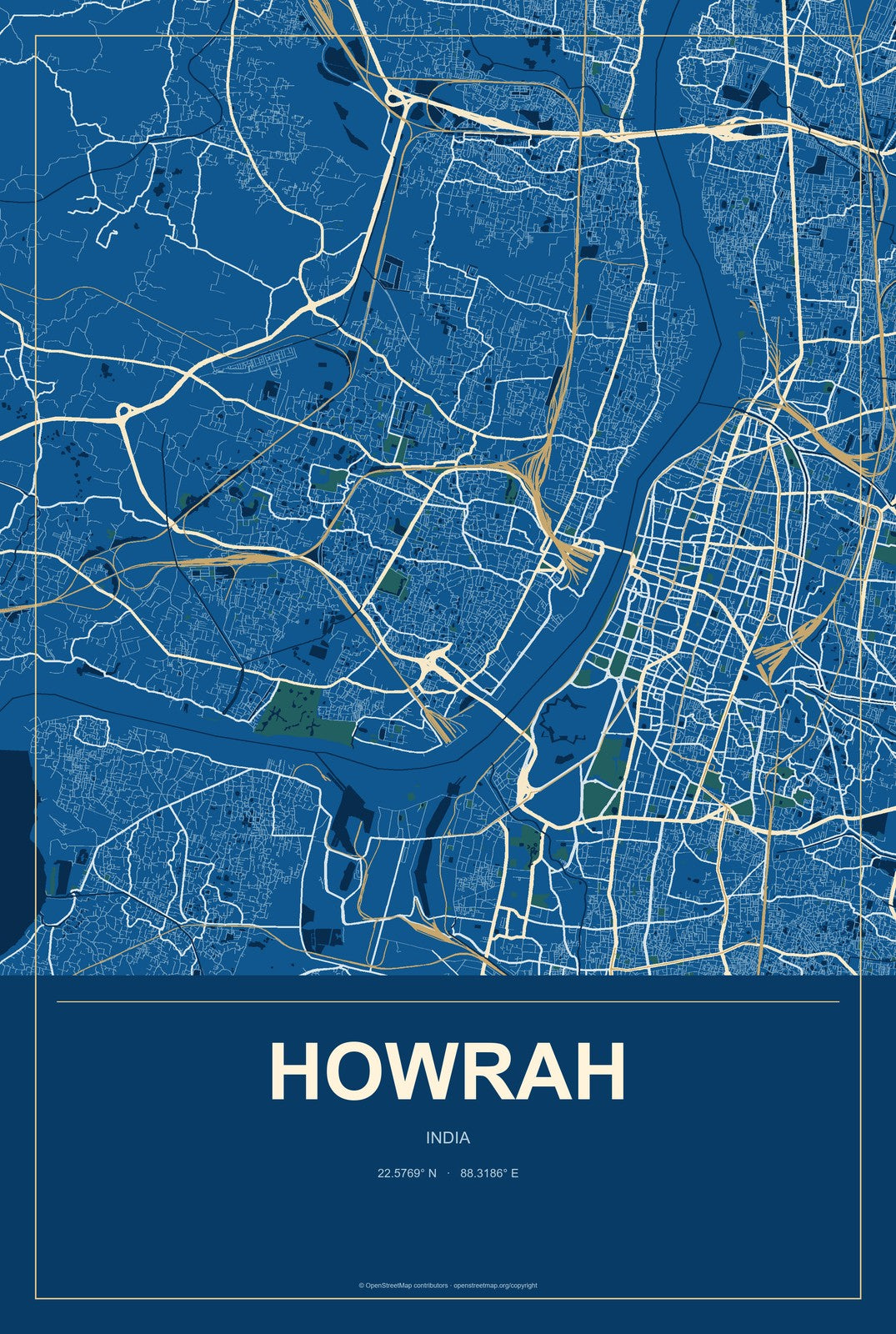 Howrah, India City Map Aluminum Sign in Harbor Cobalt style