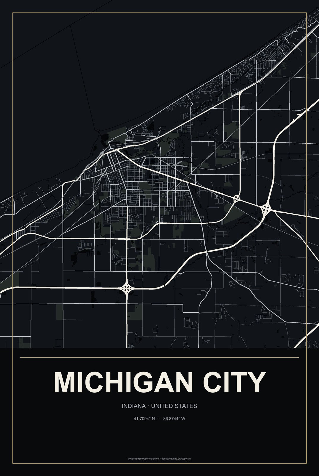 Michigan City, Indiana City Map Aluminum Sign in Metropolitan Noir style