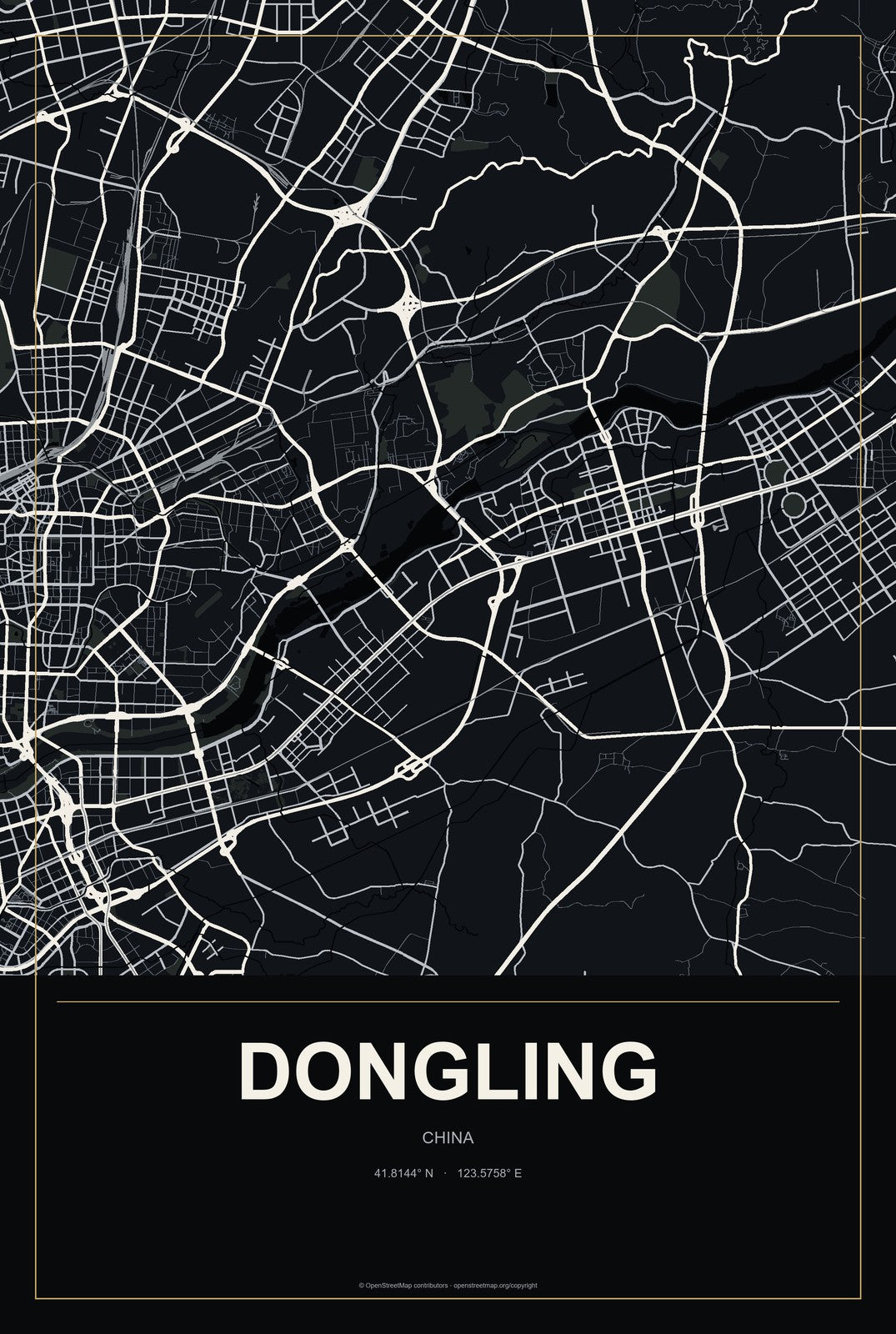 Dongling, China City Map Aluminum Sign in Metropolitan Noir style