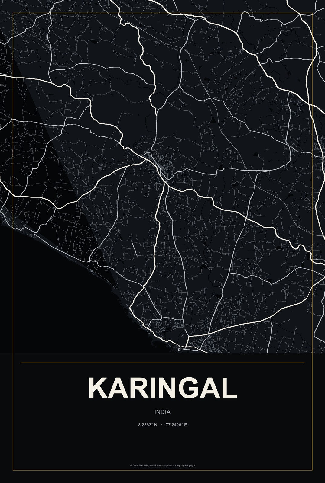 Karingal, India City Map Aluminum Sign in Metropolitan Noir style