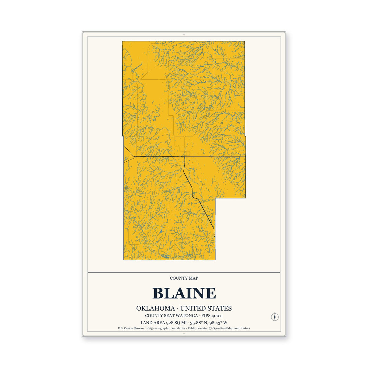 Blaine County, Oklahoma Map Aluminum Sign in Citrine Modern style