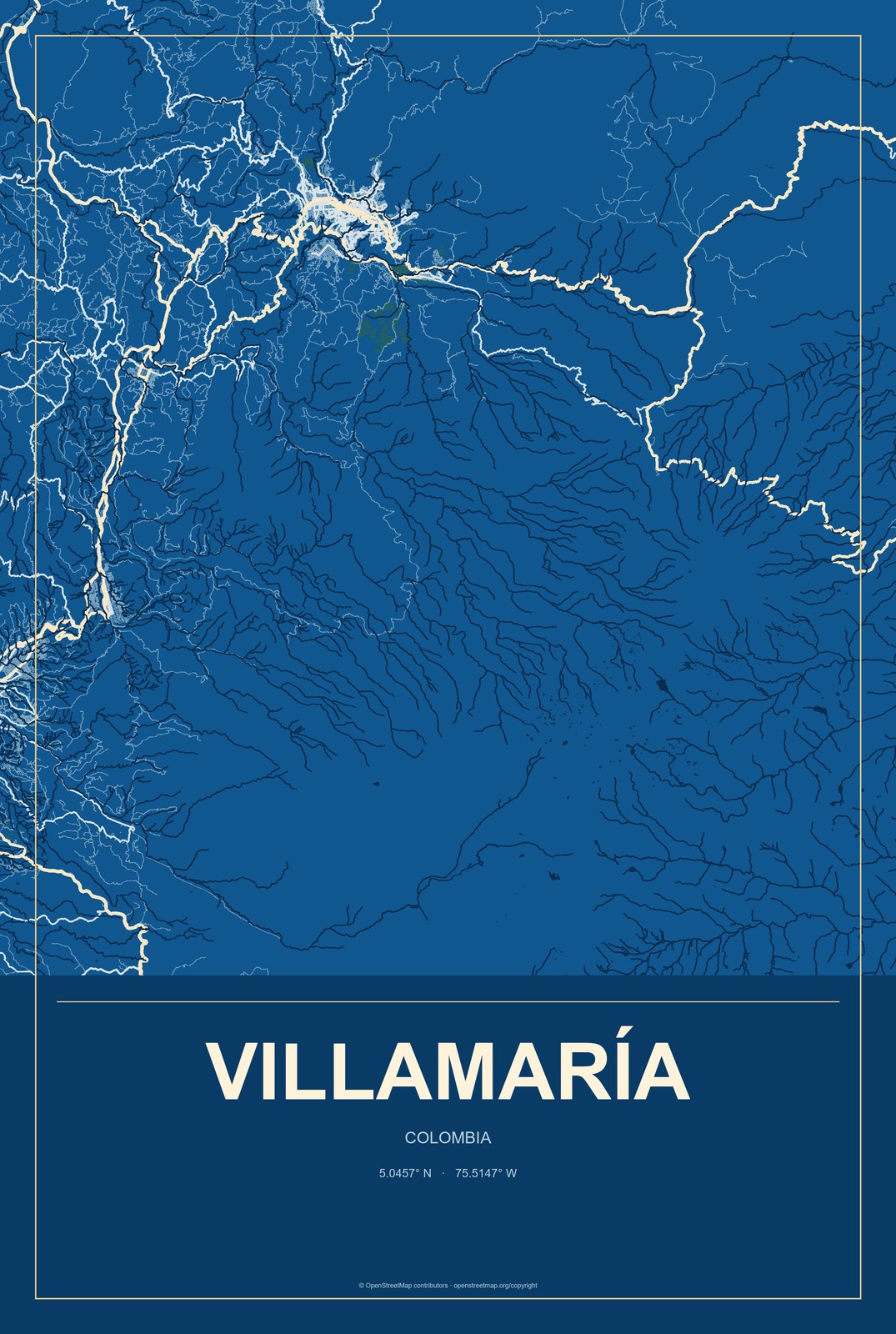 Villamaría, Colombia City Map Aluminum Sign in Harbor Cobalt style