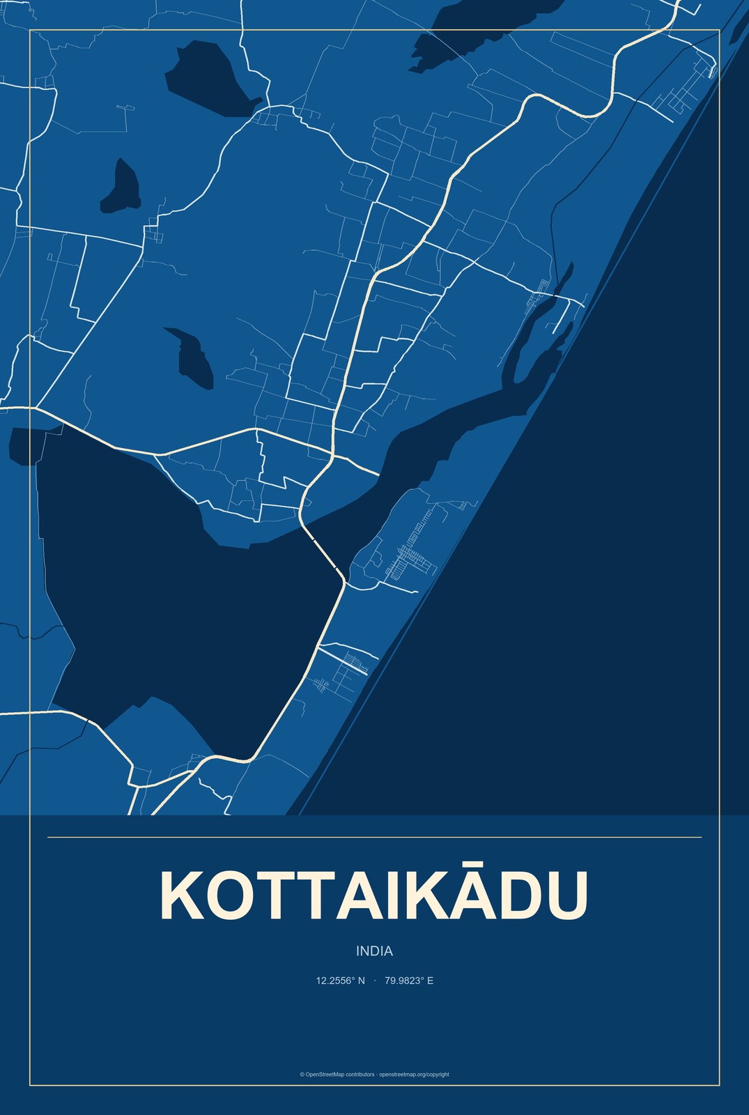 Kottaikādu, India City Map Aluminum Sign in Harbor Cobalt style