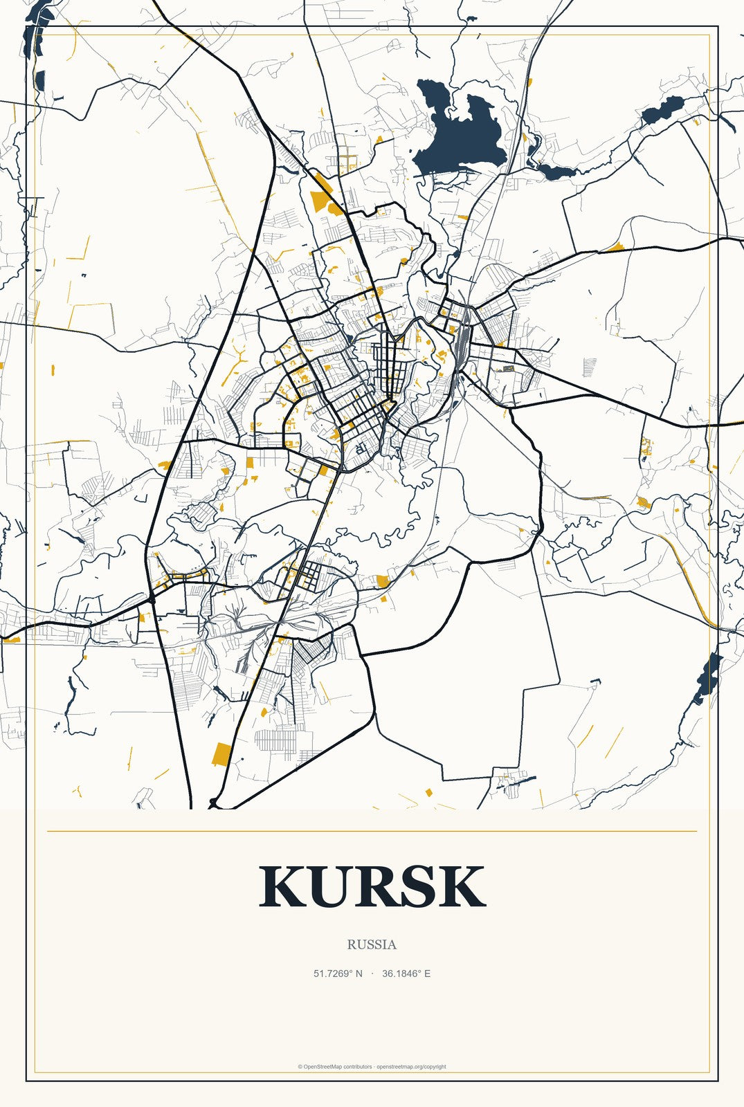 Kursk, Russia City Map Aluminum Sign in Citrine Modern style