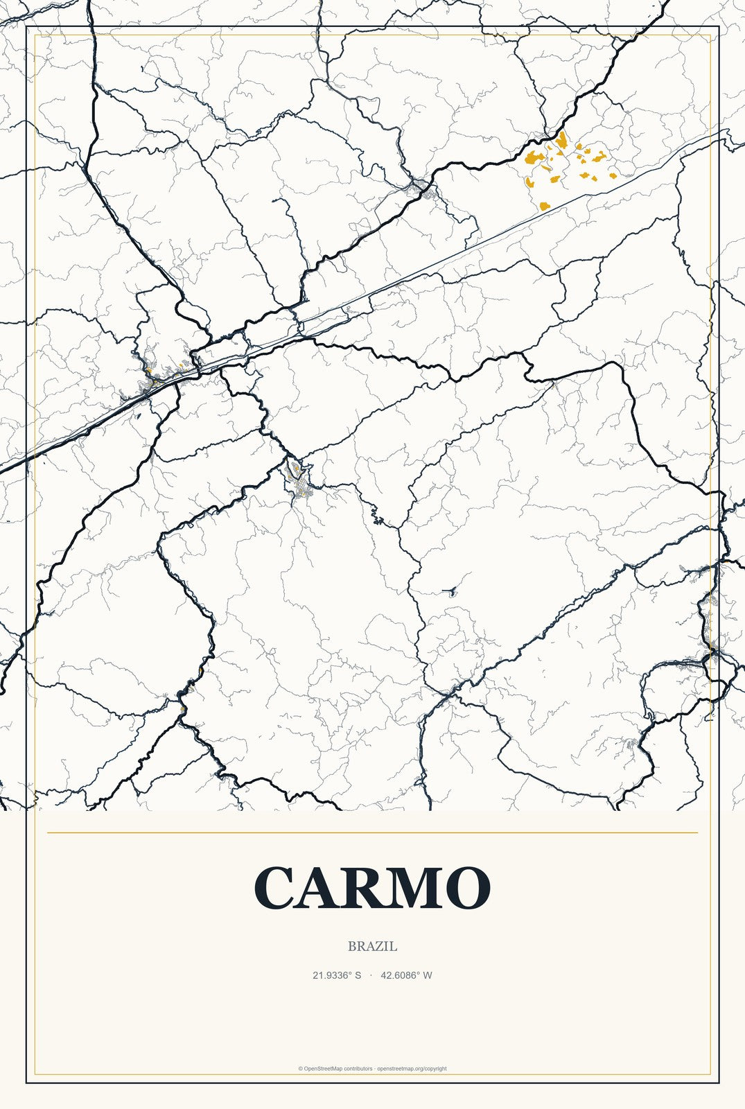 Carmo, Brazil City Map Aluminum Sign in Citrine Modern style