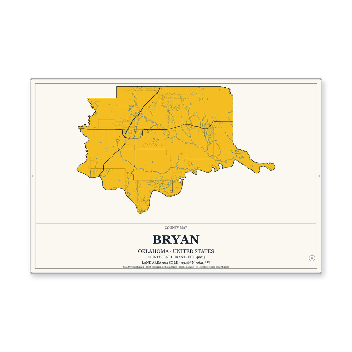 Bryan County, Oklahoma Map Aluminum Sign in Citrine Modern style