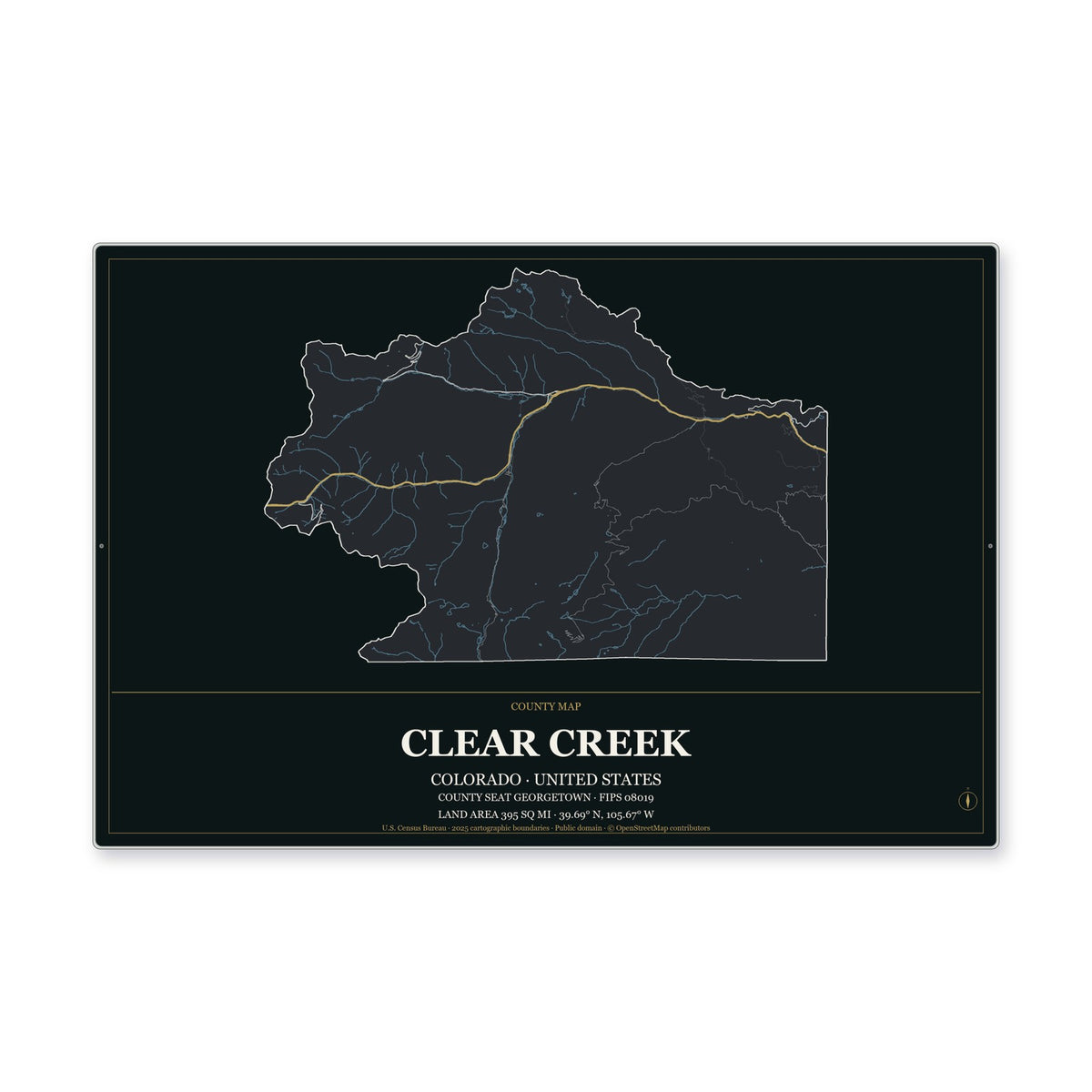 Clear Creek County, Colorado Map Aluminum Sign in Metropolitan Noir style