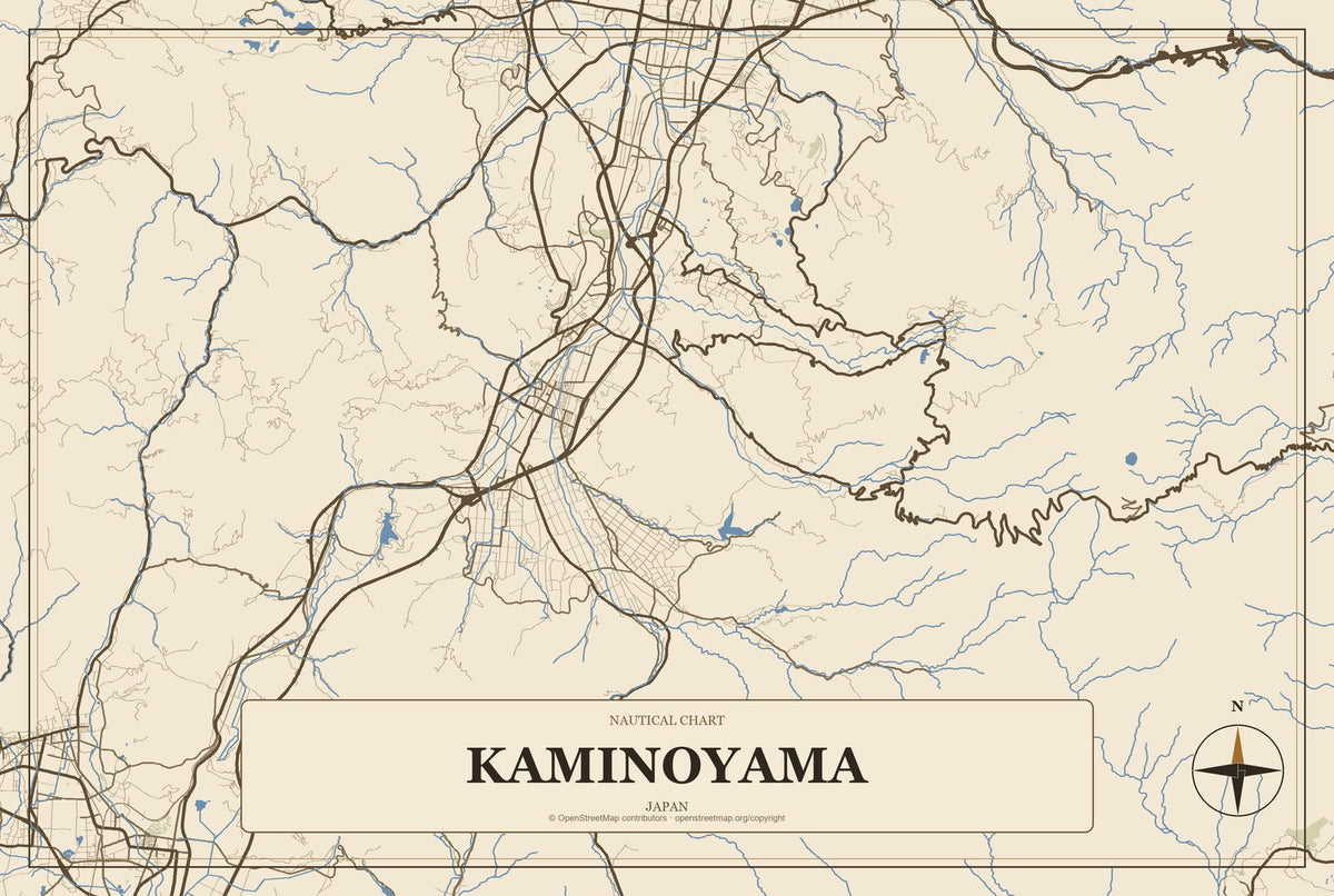 Kaminoyama, Japan City Map Aluminum Sign in Heritage Nautical style